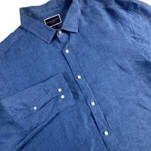 Charles Tyrwhitt 100% Linen Button Up Shirt Mens XXL Blue Slim Fit Long Sleeve